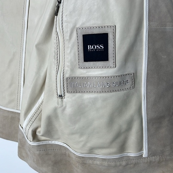 Hugo Boss 44R Light Gray Beige Suede Zip Front Snap Leather Interior Jacket - Picture 9 of 10